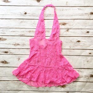 Victoria’s Secret pink fluorescent lace halter top negligee women’s size small